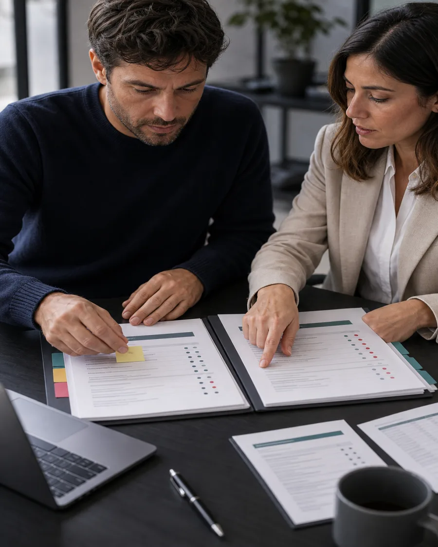 Mesa con tres propuestas de seguro RC comparadas por garantías y exclusiones